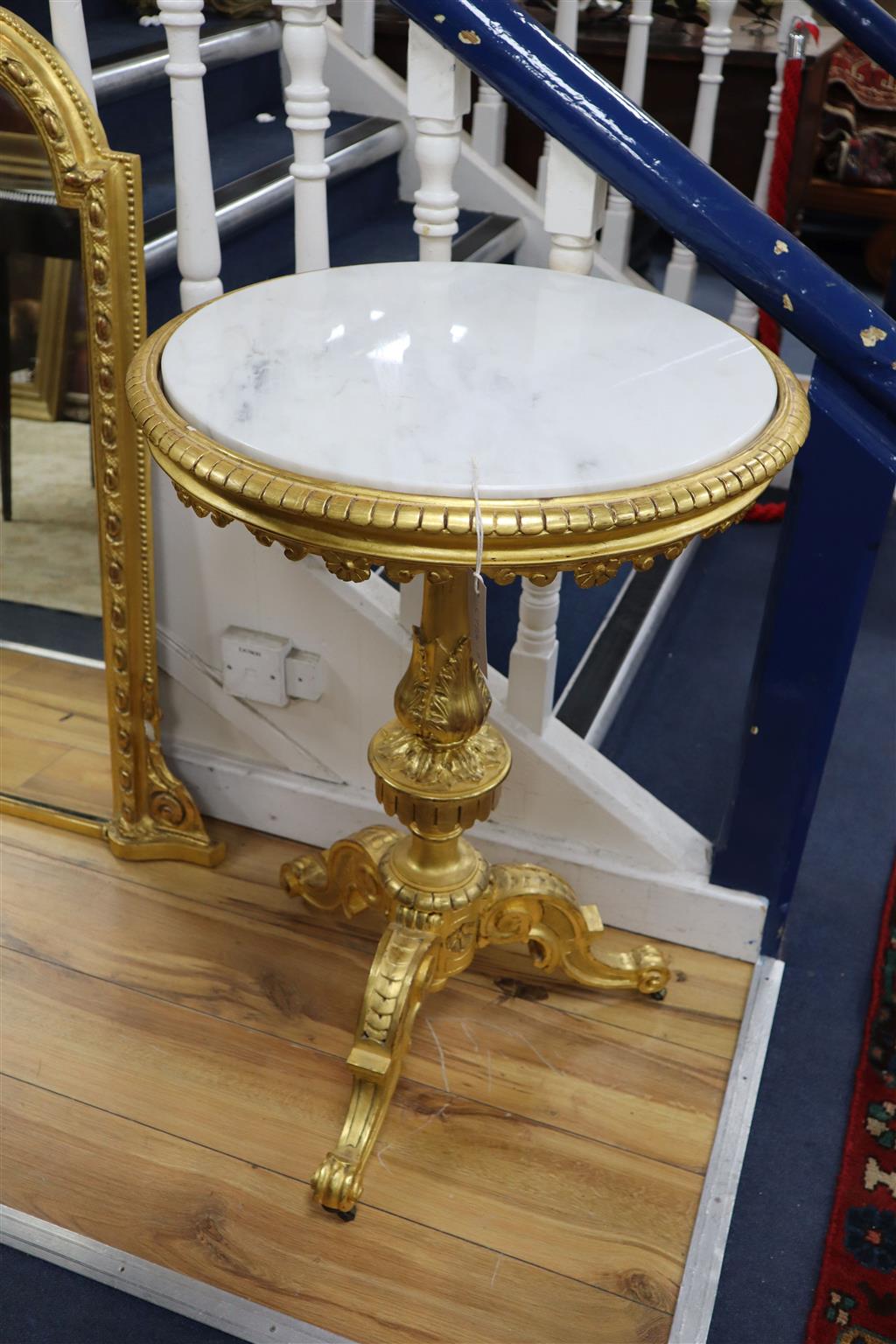 A Victorian giltwood occasional table with later marble top, 55cm diameter, 82cm high